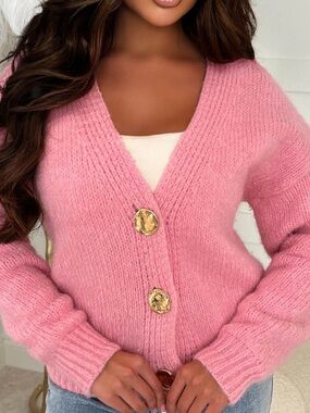 Pink V-Neck Button Knit Cardigan Sweater